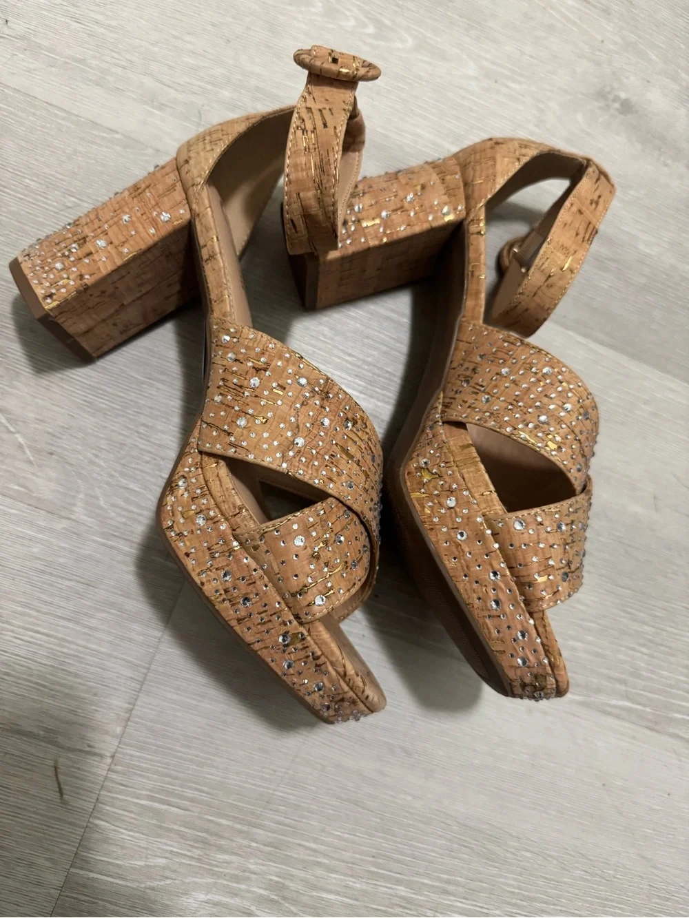 Comfort Est‎ 1946 Cork Wedge Sandals in Tan with Crystal Accents